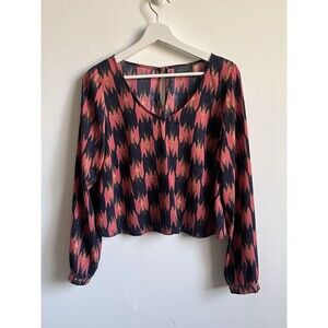 ASTR Multicolor Red Blue Round Neck Long Sleeve Crop Blouse Top Sz M Western Abs